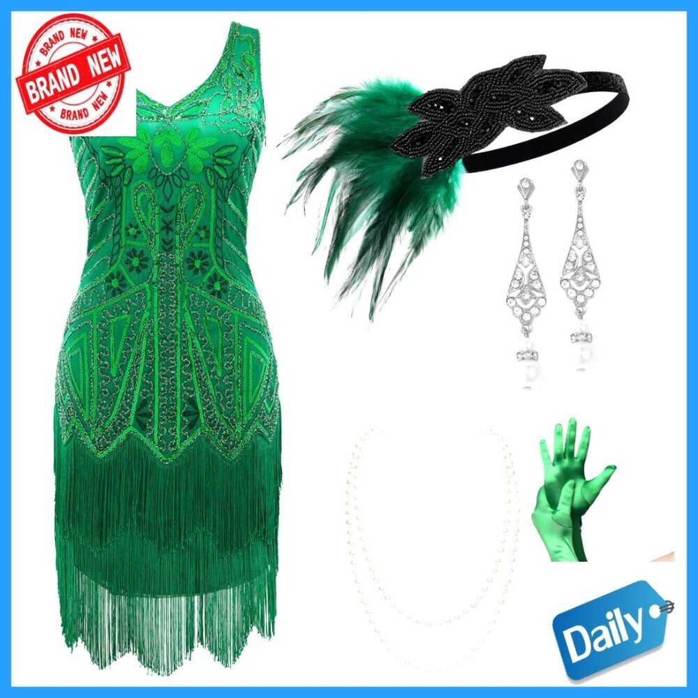 Flapper Dress Set with Accessories, 1920s Gatsby Costume, Polyester